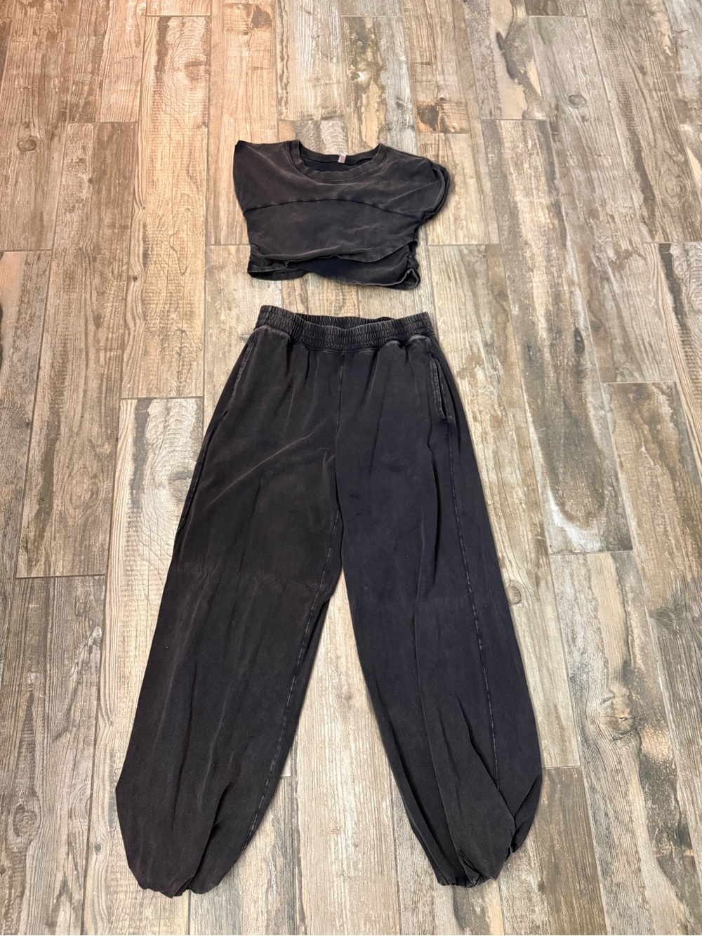 FP movement Women's Black Faded Cropped Top & Elastic Waist Harem Pants Set